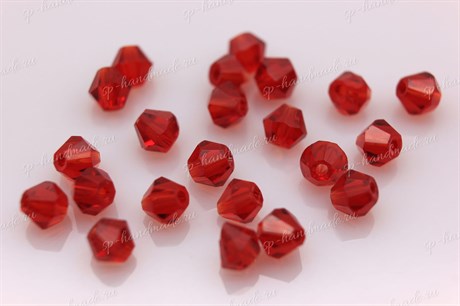 Биконусы стеклянные,  4x4 мм,  отверстие: 1 мм, цвет красный,   40 шт (Китай) - фото 38629
